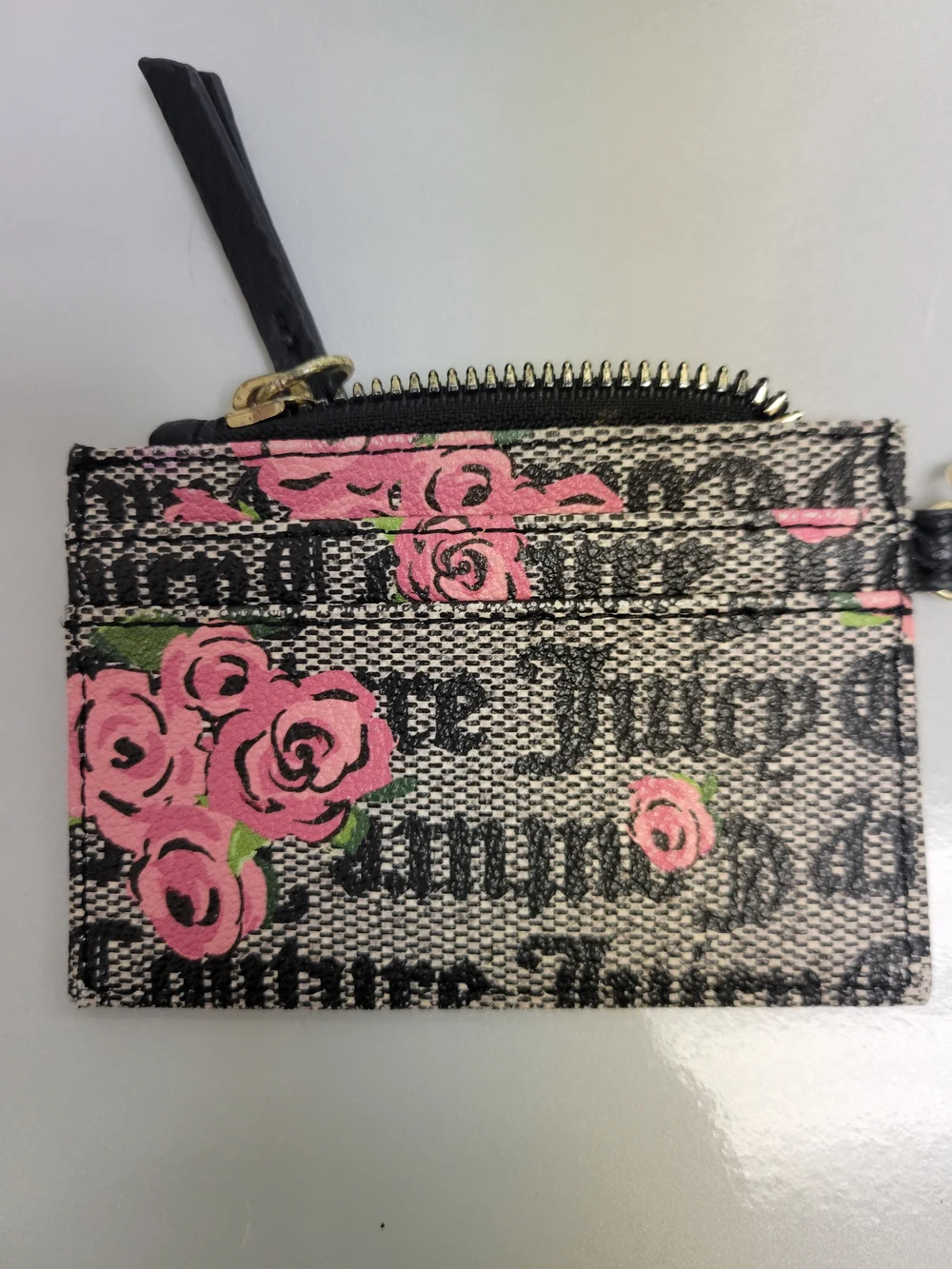 Juicy Couture Floral Zip Keychain Wallet Card Holder Heart Keyring Black Pink